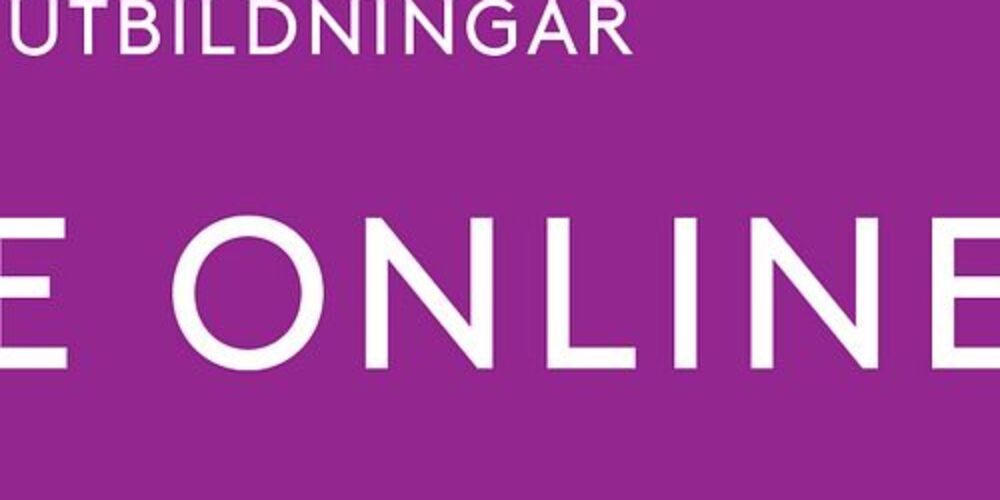 Lila grafisk banner med vit text som informerar om utbildningar online. Texten lyder: ”UTBILDNINGAR” och ”ONLINE”. Längst ned står ”BERGSTRÖM & HELLQVIST” med en liten logotyp och en vit pil åt höger.