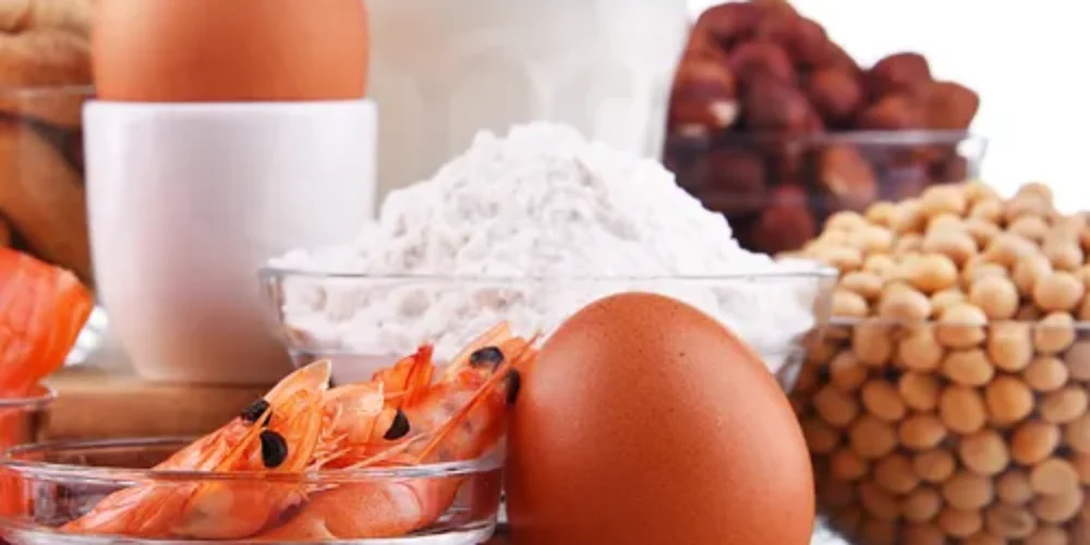 Ägg, mjöl, mjölk, räkor och olika bönor ligger uppdukade på ett bord, med ett ägg i äggkopp och skålar med kikärter och andra baljväxter i bakgrunden, som råvaror för matlagning.